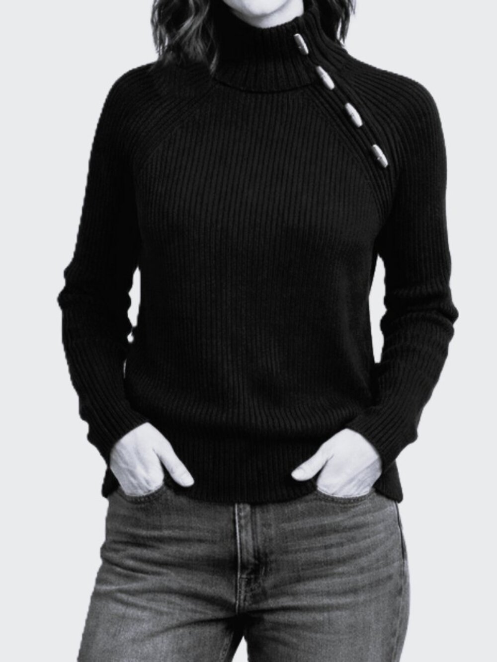 Lauren Ralph Lauren Black Ribbed Mock Neck Toggle Button Sweater size L